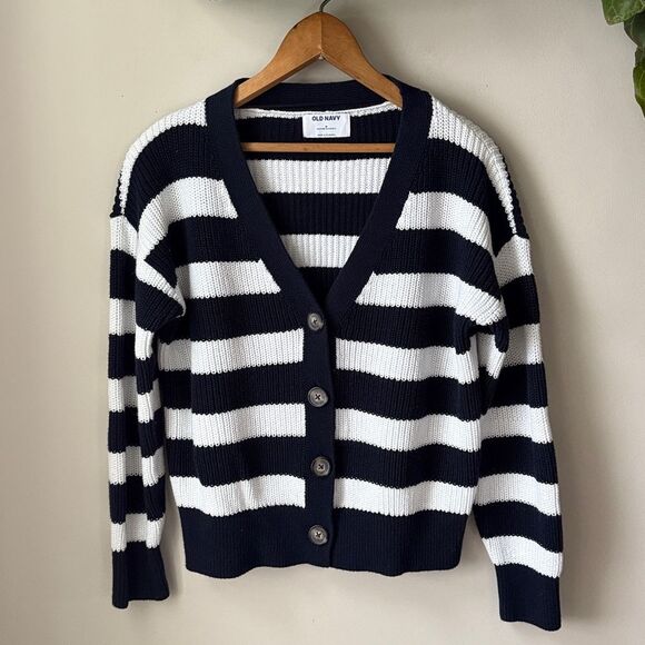 Old Navy Blue + White Striped Lightweight Shaker Stitch Cardigan - Picture 2 of 5